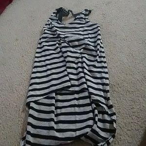 Flowy black and light grey stripy top w/ lacy back